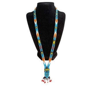 Vintage Native American Beaded Thunderbird Long Fringe Necklace